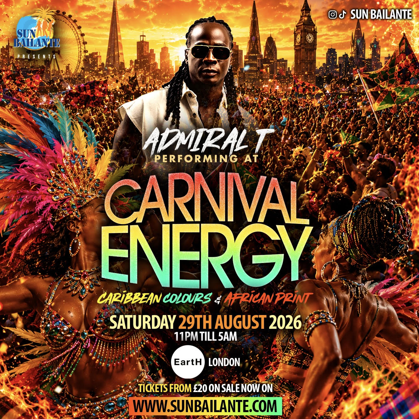 Notting Hill Carnival warm-up, party, 2026, Sun Bailante, Carnival Energy, Caribbbean, African, London